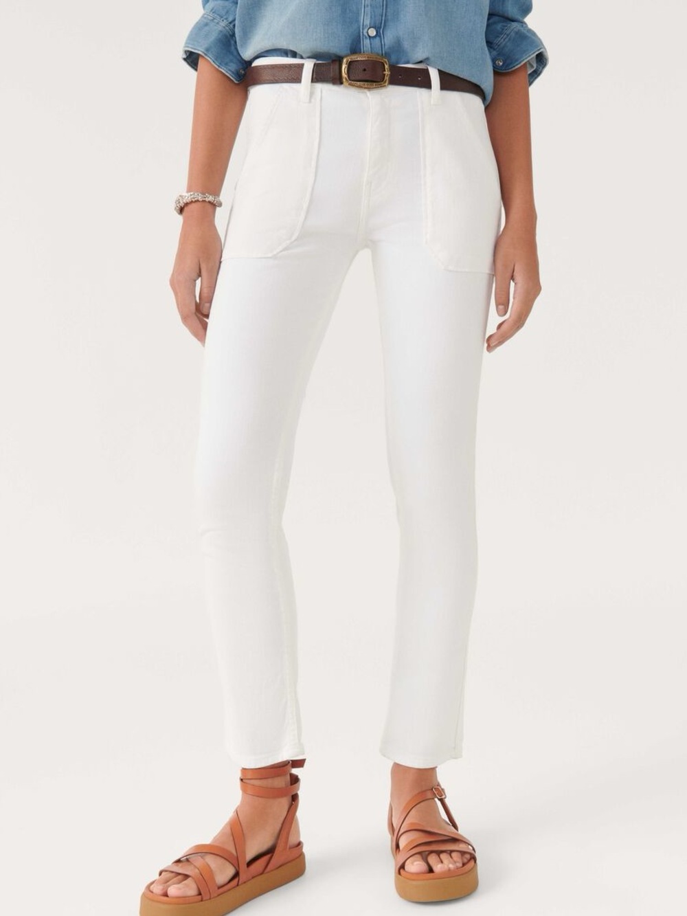 ba&sh Csally White Denim Jeans Straight Leg High Waist Utility Pockets US Size 6